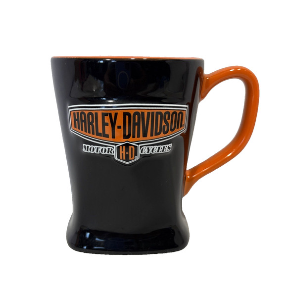 Harley Davidson Coffee Mug Raised 3D Logo Square Bottom Orange Black 2008 - Picture 1 of 9